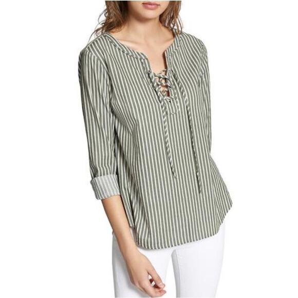 Sanctuary Green Striped Lace Up Long Sleeve Blouse Large - Picture 1 of 9